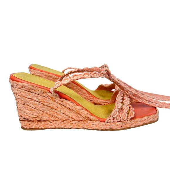 Stuart Weitzman Espadrille Wedge Strappy Floral Orange Sandals Size - Picture 5 of 9